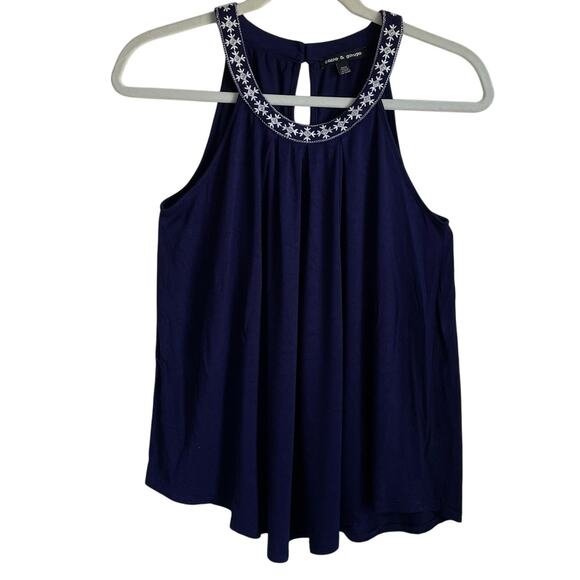 Cable & Gauge Embroidered Halter Top Navy White Keyhole Back Soft Sz M Stretchy - Picture 1 of 9